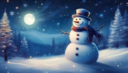Obraz premium Happy snowman in winter landscape with Christmas trees and snow-covered ground 