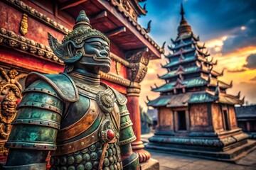 Ancient Warrior,  Religious Artifact,  Protective Gear,  Historical Relic,  Asian Armor,  God's Protection,  Spiritual Defense,  Mythological Costume