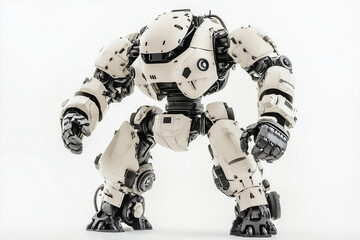 A modern combat robot isolated on a white background.
