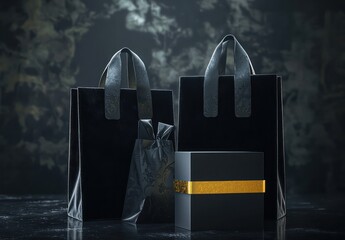 Black velvet shopping bags and a package with golden highlights against a shadowy background.