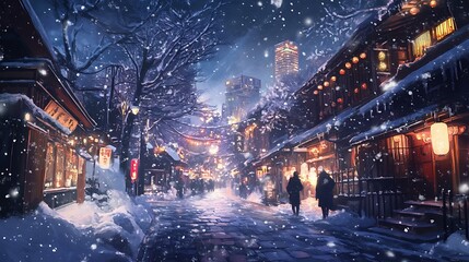 Fototapeta premium Snowy Night in a Traditional Japanese Town A captivating winter scene perfect for holiday cards,websites,and social media posts
