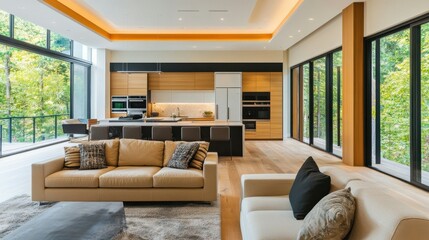 Fototapeta premium Modern kitchen and living area with large windows and natural light.