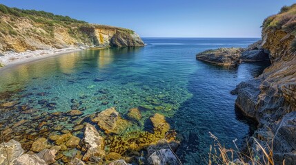 High-end photography of a hidden coastal cove with rugged cliffs, sandy shores, and crystal-clear waters