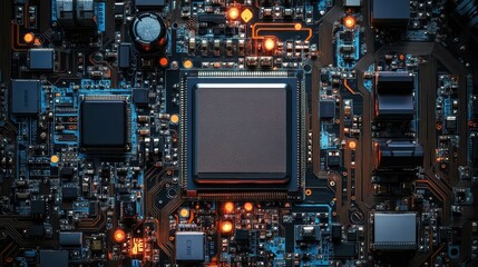 Close-up of a circuit board with a central processor and glowing components.