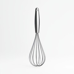 Stainless steel whisk on a white background.