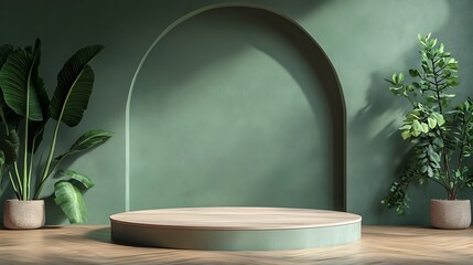 Elegant Green and Wood Product Display Podium Perfect for showcasing your products in a stylish and modern setting
