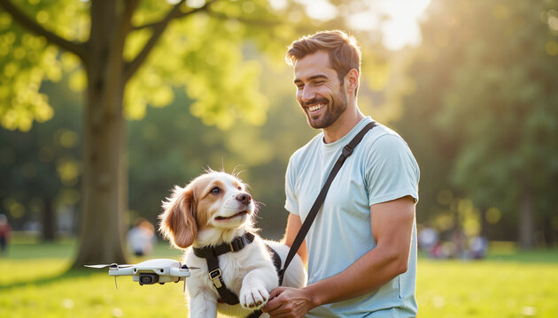 Man enjoys sunny day in park with dog and drone companion during afternoon
