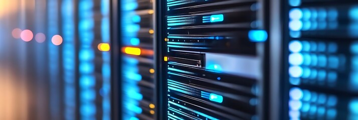 Naklejka premium Futuristic Server Room High Tech Data Center Interior with Glowing Screens and Network Cables