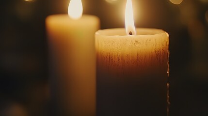 Two lit candles, one taller than the other, casting a warm glow in the dark.