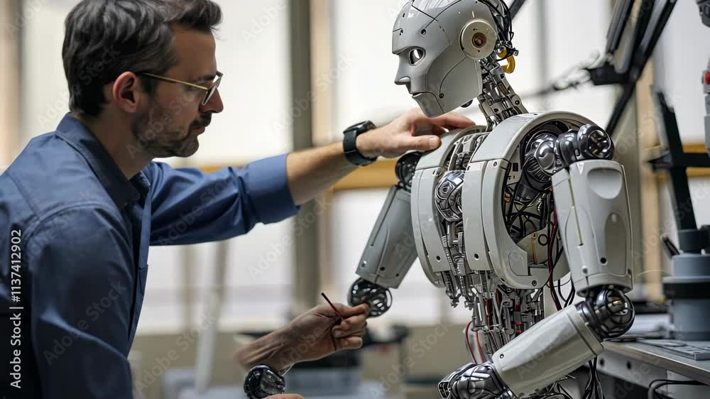 Leinwandbilder Engineer repairs a humanoid robot in a high-tech workshop while examining intricate wiring and mechanisms in a focused environment