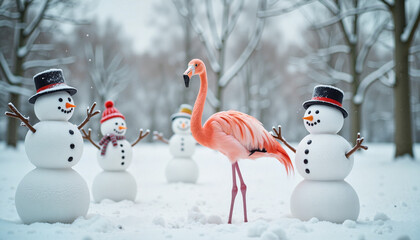 Fototapeta premium Colorful flamingo stands out among cheerful snowmen in a winter wonderland scene