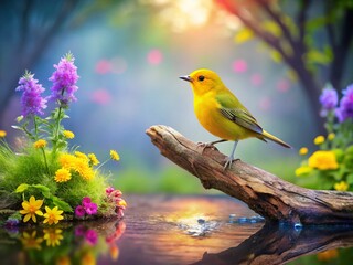 Obraz premium A Serene Double Exposure of a Little Yellow Bird Perched on a Log Surrounded by a Dreamy Nature Landscape with Soft Focus Elements and Vibrant Colors