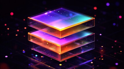 Two vibrant, translucent cubes stacked, glowing with multicolored light, on a dark background.