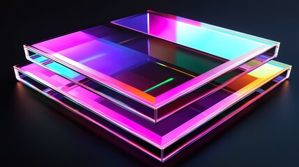 Two vibrant, translucent glass squares stacked, showcasing colorful neon light reflections.