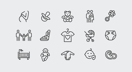 Baby care icons set. A collection of 15 minimal vector icons representing essential items for baby care, including toys, clothing, equipment. Ideal for family resources. Vector illustration