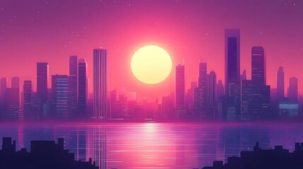 Fototapeta premium Synthwave Cityscape Sunset over a futuristic metropolis,ideal for album art,video game backgrounds