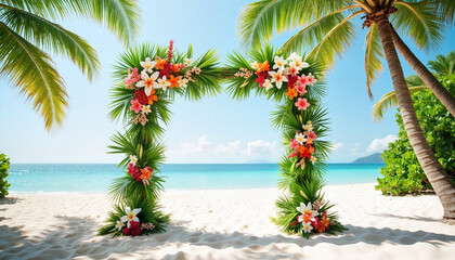 Tropical floral arch with palm leaves and vibrant flowers on a beach for wedding decoration