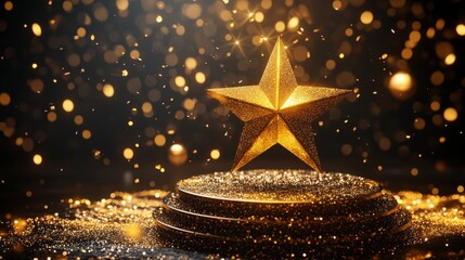 majestic golden star embellished with glitter texture on tiered circular platform, radial light beams, floating sparkles, premium dark atmosphere, elegant award display, highly detailed, octane