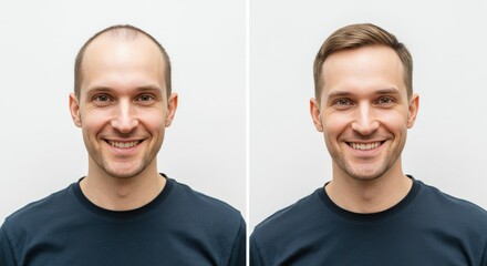 Transformation concept with smiling caucasian adult male featuring hair restoration transition
