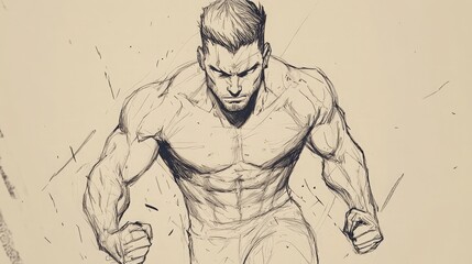 sketch of a muscular man who is angry and clenching his fists