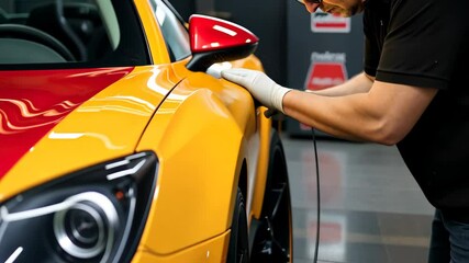 Expertly detailing a vibrant sports car's surface for a flawless finish