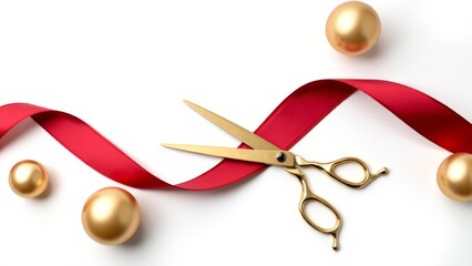 Golden Scissors Cutting a Smooth Red Silk Ribbon Against a White Background, Featuring Ample Negative Space and Festive Golden Balloons, Perfect for Inaugural Ceremonies and Celebratory Events.