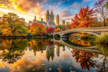 Fototapeta premium Autumn Central Park Bow Bridge Photography: Peaceful Lake, Skyline Reflection