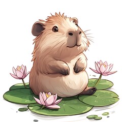 Chibi Capybara Floating on Lily Pad