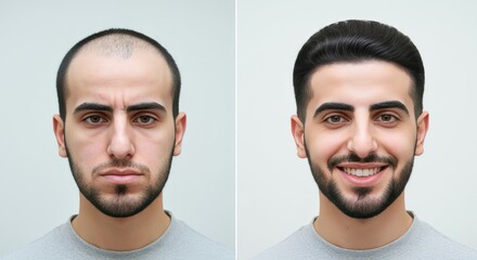 Male grooming transformation: bald to full hair, middle eastern young adult