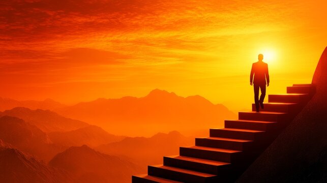 business achiever silhouette, ascending geometric staircase, glowing amber sunset, mountainous landscape, heroic stance, lens flare effect, motivational perspective, professional photography