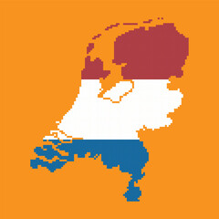 pixel art maps of the netherlands country with the colors of the netherlands flag, vector illustration on isolated background.
