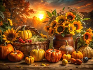 Autumn Harvest Sunflowers Pumpkins Low Light Photography - Fall Photo