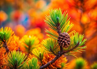 Fototapeta premium Autumn Pine Tree Close Up, Tilt-Shift Miniature Photography, Fall Nature Scene, Conifer Macro