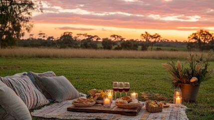 Romantic Sunset Picnic With Wine And Candles