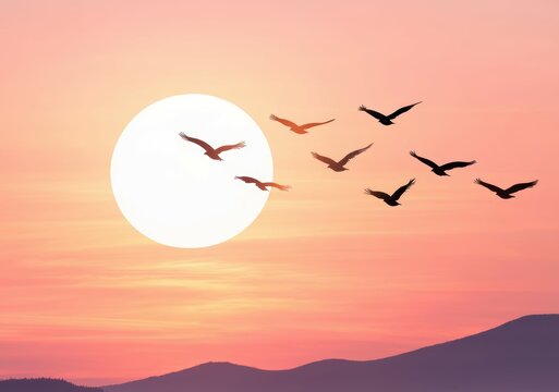 Silhouette of a flock of birds flying across the moonlit sky symbolizing freedom motion and balance in nature