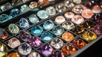 A collection of colorful gemstones displayed in organized trays.