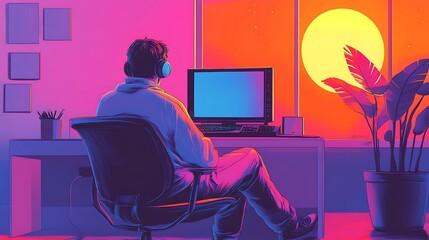 Fototapeta premium Retro Gamer at Sunset A nostalgic illustration of a person enjoying video games in a vibrant,80s inspired room,perfect for blogs