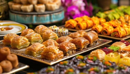 A vibrant display of assorted desserts and pastries on elegant platters.