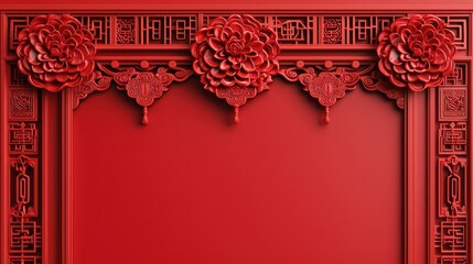 Obraz premium A vibrant red decorative panel featuring intricate floral motifs and traditional patterns, perfect for cultural or festive themes.