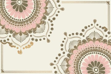 Ornate Mandala Design with Pink and Gold Accents on Cream Background