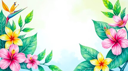 Fototapeta premium Vibrant Tropical Floral Frame with Lush Greenery and Bird of Paradise