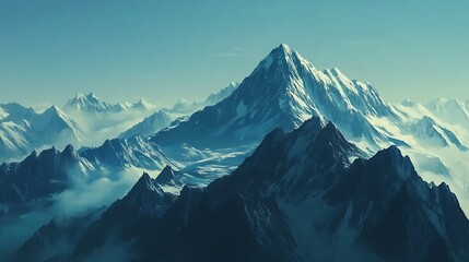 Majestic snow capped mountain peaks rising above a sea of clouds,offering a breathtaking panoramic view ideal for travel brochures,websites