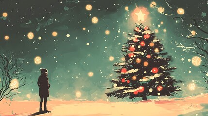 A serene winter landscape featuring a majestic Christmas tree adorned with snowflakes,bathed in the soft glow of sunrise or sunset,