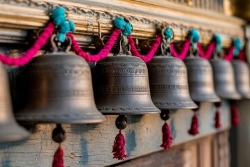Obraz premium Row of Ornate Metallic Bells with Vibrant Red Tassels in Traditional Setting