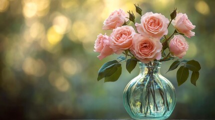 Obraz premium A Bouquet of Pale Pink Roses in a Glass Vase