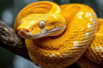 Fototapeta premium A vibrant yellow snake coiled on a branch in a natural setting.
