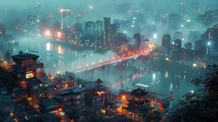 Fototapeta premium A misty cityscape at night with glowing lights and a river.