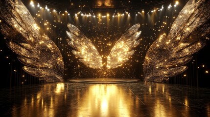 premium stage design, cascading gold particles, spotlight convergence, mirrored stage surface, elegant curtain wings, dramatic theater lighting, prestigious event setup