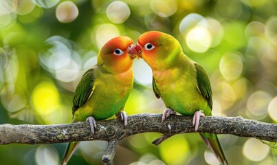Fototapeta premium Two colorful lovebirds perched closely on a branch, sharing a moment.