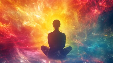 Obraz premium Serene Silhouette A Woman Meditates Amidst a Vibrant Cosmic Nebula,Perfect for Wellness,Spirituality